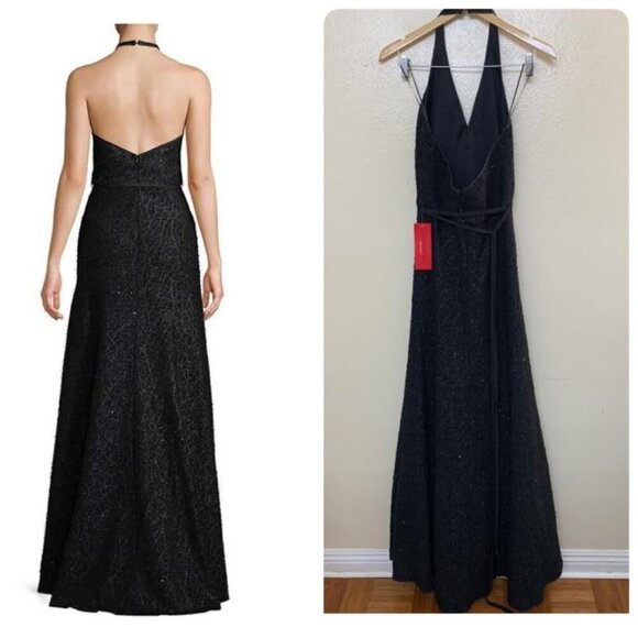 Carmen Marc Valvo Infusion Halter Neck Black Tie Gown Dress Size 4 Black Sequins - Picture 1 of 10